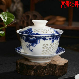景德镇青花玲珑镂空陶瓷三才盖碗茶杯茶备高白瓷茶碗包邮镂空盖碗