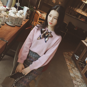 2015冬装韩版女装新款百搭修身甜美蝴蝶结系带套头针织毛衣打底衫