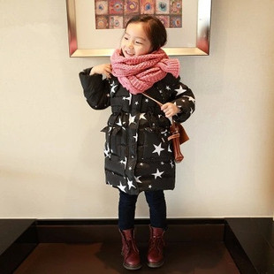 2015韩国潮童装冬季加厚保暖男童女童黑色星星棉衣风衣中长款外套