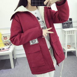 2016韩国学院风字母贴布加厚羊羔毛大口袋工装棉衣外套