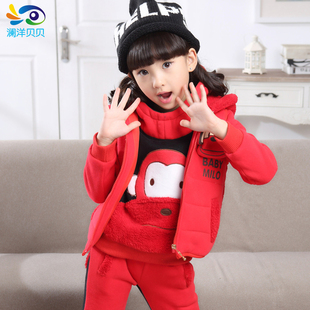 9996 儿童冬装套装三件套女童2015新款韩版卡通女童加厚5-6岁套装