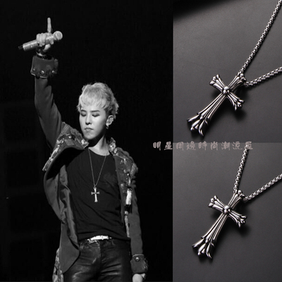 韩版权志龙GD演唱会同款复古潮人双层十字架项链男士钛钢吊坠饰品