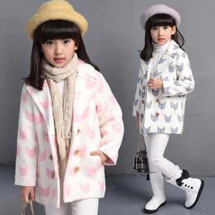 新款韩版秋冬装女童外套风衣猫咪图案儿童中长款呢子大衣儿童外套
