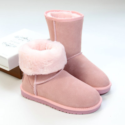 冬季新款磨砂牛皮中筒靴子糖果色雪地靴加厚保暖可翻边两穿棉靴女