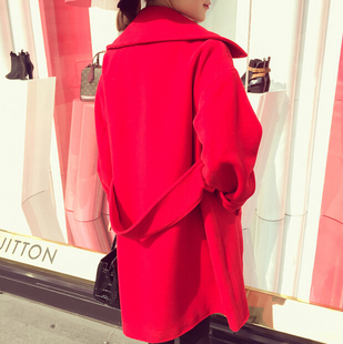 毛呢外套女中长款红色宽松斗篷大衣2015新款冬韩版羊毛呢料呢大衣