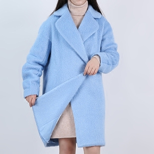 2016 新品 海马毛毛呢外套加厚纯色中长款宽松茧型韩版大衣