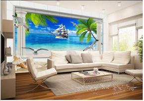 大型壁画墙纸壁纸客厅沙发卧室3D立体海景帆船风景无缝电视背景墙