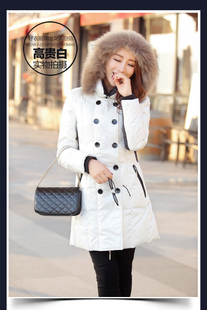 14冬装新款韩版简约拼接可脱卸帽领中长款修身羽绒服加厚外套 女