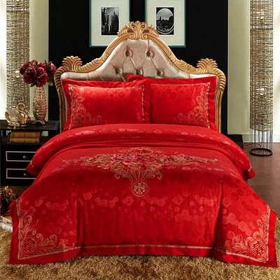 思梦轩结婚庆大红床品四件套件结婚床上用品多件套贡缎六八十件套