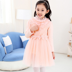 2015女童秋季新款 韩版童装纯色蕾丝纱裙 品牌公主风荷叶边立领