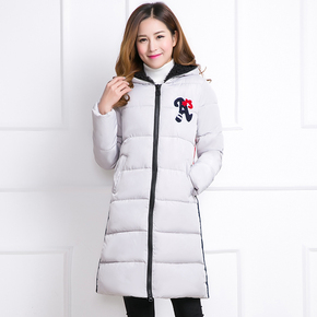 2015冬装新款韩版修身显瘦长款羽绒服女过膝加厚大码拼接印花棉衣