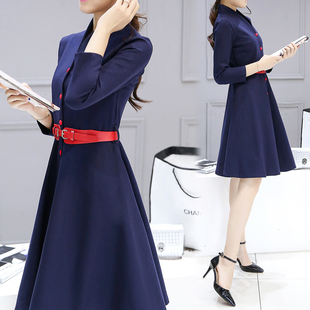 欧洲站2015秋装新款韩版修身V领连衣裙气质显瘦中裙九分袖女装