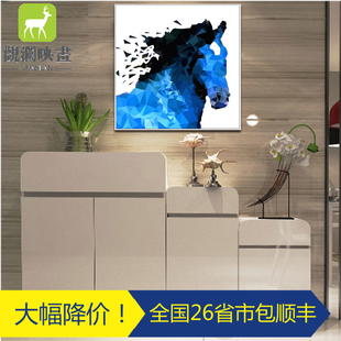 北欧宜家客厅装饰画玄关创意抽象挂画简约现代卧室床头壁画蓝色马