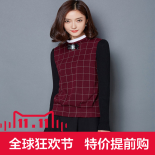 韩版2015秋冬装新款女长袖针织袖毛呢打底衫小立领格子上衣T恤女