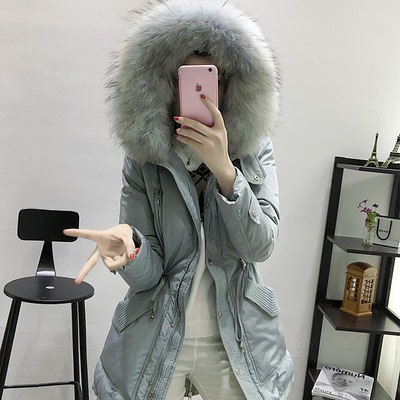 韩国代购2015冬装新款超大毛领羽绒服女中长款收腰加厚连帽外套潮