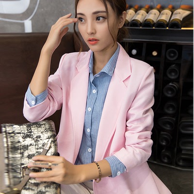 女士西装2016秋季新款韩版中长款西装领双排扣长袖修身外套