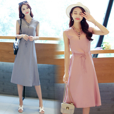 2016新款女装夏季连衣裙修身短袖韩版中长款纯色文艺短袖A字裙子