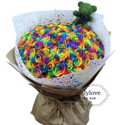 上海鲜花店同城速递99朵荷兰进口七彩虹玫瑰花束送女友爱人求婚花