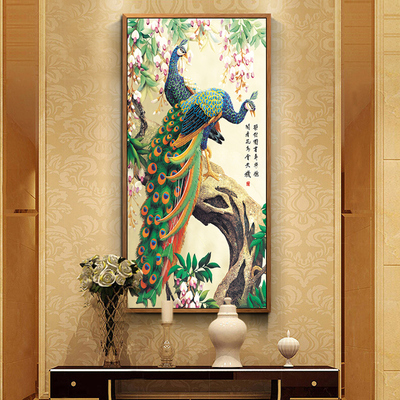 新中式玄关装饰画过道走廊竖版挂画单幅客厅现代墙画壁画孔雀开屏