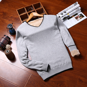 2015冬季男士V领加绒加厚毛衣休闲韩版男装线衫纯色针织衫线衫潮