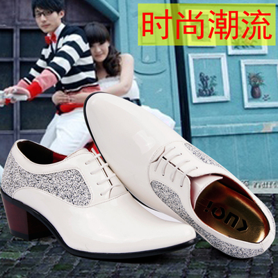 韩版尖头男士皮鞋英伦发型师皮鞋内增高男鞋白色皮鞋时尚男高跟鞋