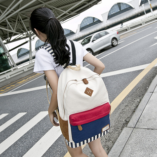 书包中学生女 日韩风旅行背包撞色帆布双肩包时尚休闲学院风包包