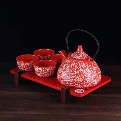 日式和风陶瓷功夫茶具红色整套茶壶杯结婚庆礼物创意特价套装包邮