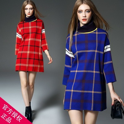 欧美专柜女装 冬季新款 经典格纹撞色高领九分袖气质百搭针织毛衣