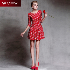 WVFV 欧美2015秋装新款女装优雅复古红白格子印花七分袖连衣裙女