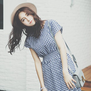 2016新款夏女装 韩版小清晰圆领套头短袖格子修身通勤大摆连衣裙