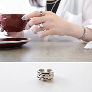 韩国独家定制925纯银不规则线条多层缠绕设计复古泰银开口戒指环