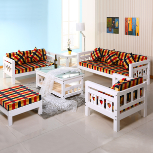凡积 全实木沙发松木沙发布艺木架沙发客厅组合转角沙发可选白色