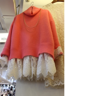 韩国代购2016春新款修身高领中长款拼接蕾丝针织打底衫时尚连衣裙