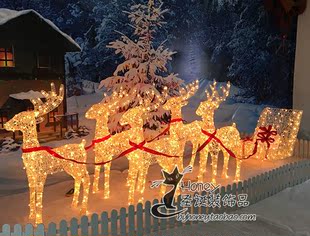 1.2米铁艺造型麋鹿拉车带灯发光六只鹿拉车 圣诞节日酒店场景装饰