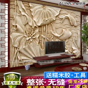 电视背景墙纸壁纸客厅沙发无缝中式大型壁画布3D立体浮雕荷花鲤鱼
