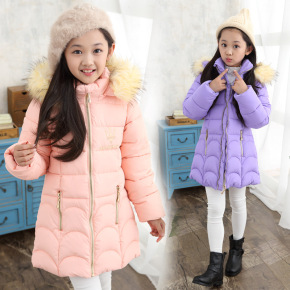 2015年冬季新款女童浅色中长款韩版纯色加厚保暖外套中大童棉衣潮