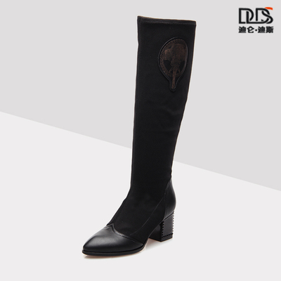 迪仑迪斯秋冬新款欧美风弹力布长筒靴尖头低跟过膝女靴子