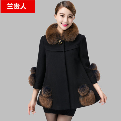 中年女士服装2015时尚新款羊毛呢外套狐狸毛领羊绒大衣女装妈妈装