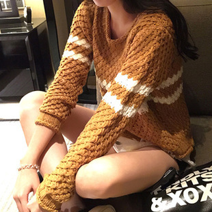 韩国代购2015秋装新款女韩版套头宽松撞色粗针加厚针织衫毛衣 女