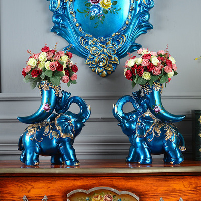欧式客厅餐桌美式家居树脂大象花瓶电视柜摆件插花仿真花艺装饰品