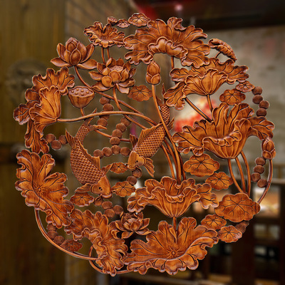 东阳木雕挂件 香樟木头雕刻画工艺品中式客厅实木质艺术年年有余