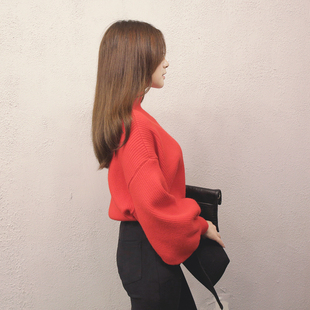 UVGIRL 秋冬新款韩国正版宽松气质纯色长袖高领套头灯笼袖毛衣 女