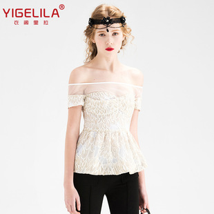 YIGELILA2016夏季新款女装性感一字领收腰显瘦露肩网纱蕾丝上衣