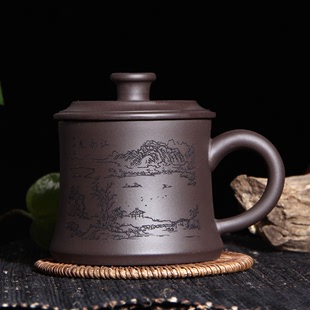 紫砂杯子宜兴手工名家盖杯大容量泡茶杯红茶茶具福禄寿喜山水
