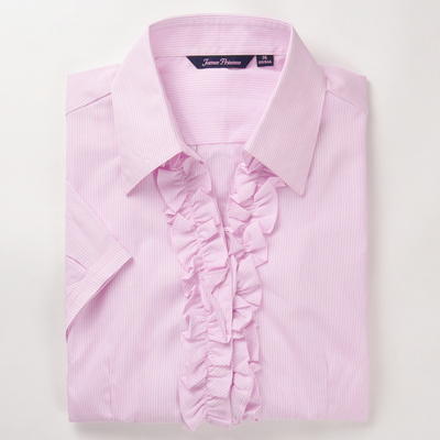 占姆士夏装新款女士纯棉学院风甜美短袖衬衫粉色条纹女式花边衬衣