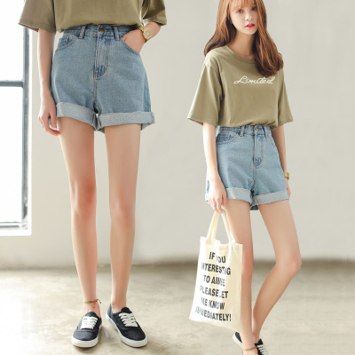 2015夏季新款女装韩版夏季牛仔短裤高腰卷边显瘦宽松阔腿牛仔热裤