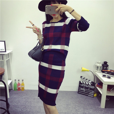 2015秋季韩国名媛小香风格纹连衣裙修身两件套裙针织包臀套装裙子