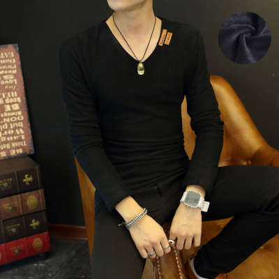 秋冬韩版修身型男士长袖T恤V领纯色毛衣打底衫加绒上衣服针织衫男