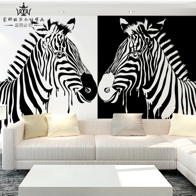 黑白斑马个性壁纸 卧室客厅创意背景墙动物墙纸定制壁画防霉墙布