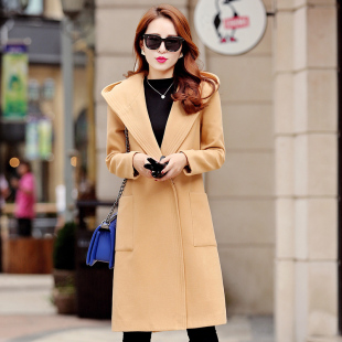2015冬装新款韩版修身连帽长款女士呢大衣时尚纯色一粒扣毛呢外套